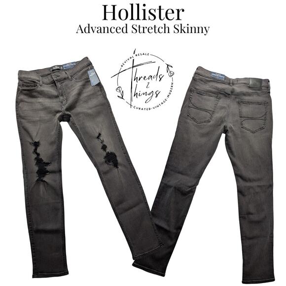 Hollister Other - Hollister Jeans Mens 33 x 32 Black Distressed Skinny Advanced Stretch Edgy NWT
